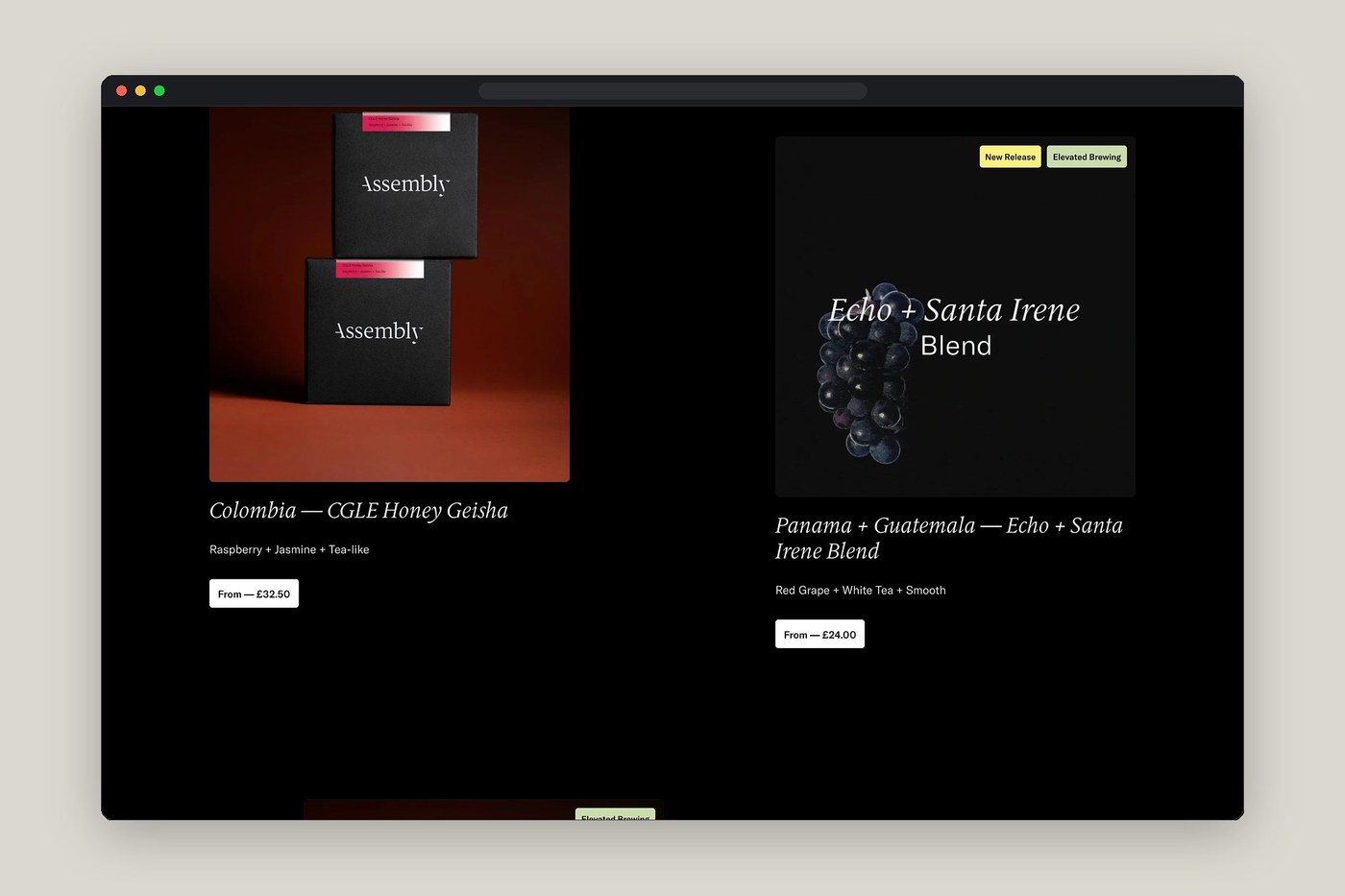 Assembly Coffee website interface layout and typography section screenshot — web design by Assembly Coffee