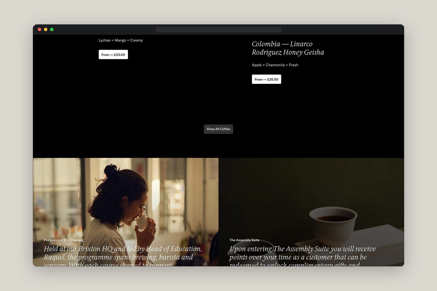 Assembly Coffee interactive grid and visual system screenshot — web design by Assembly Coffee