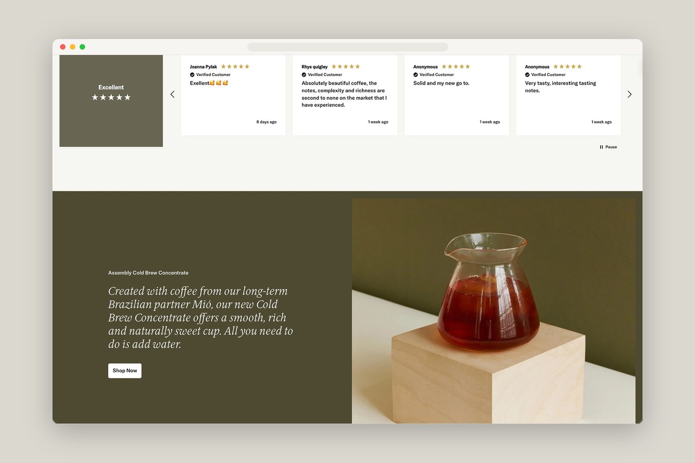 Assembly Coffee editorial content and navigation layout screenshot — web design by Assembly Coffee