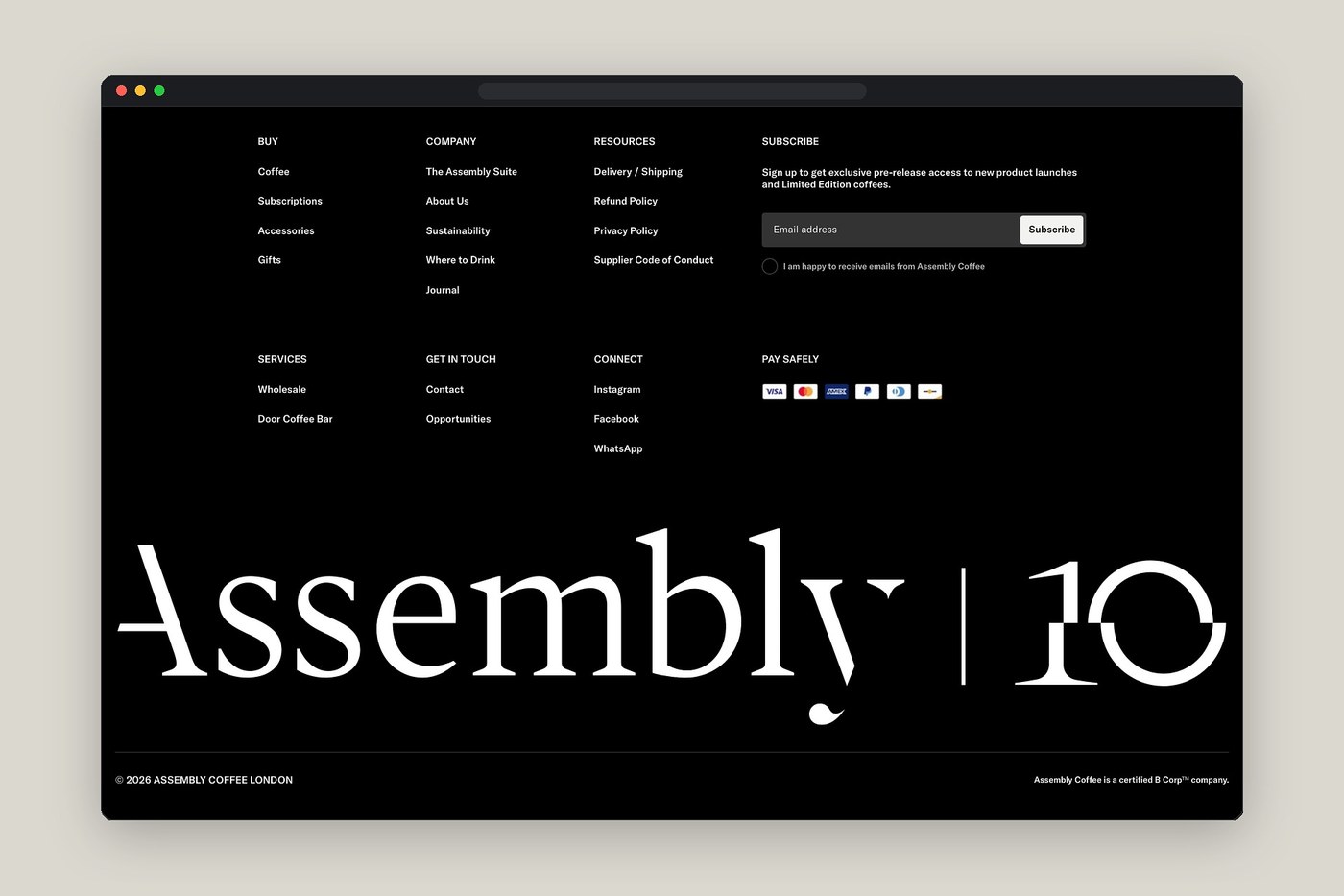 Assembly Coffee website footer and secondary layout details screenshot — web design by Assembly Coffee