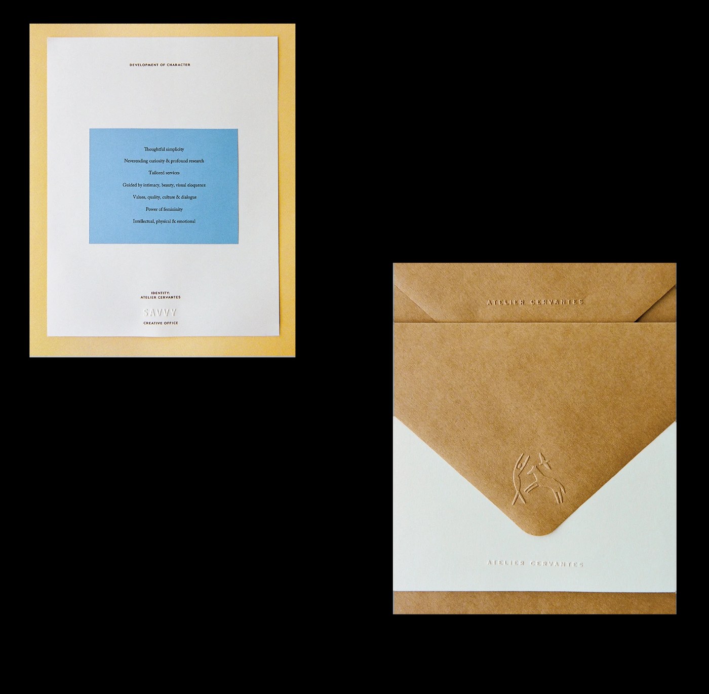 Editorial design development of character principles sheet and kraft stationery envelope for Atelier Cervantes by SAVVY STUDIO