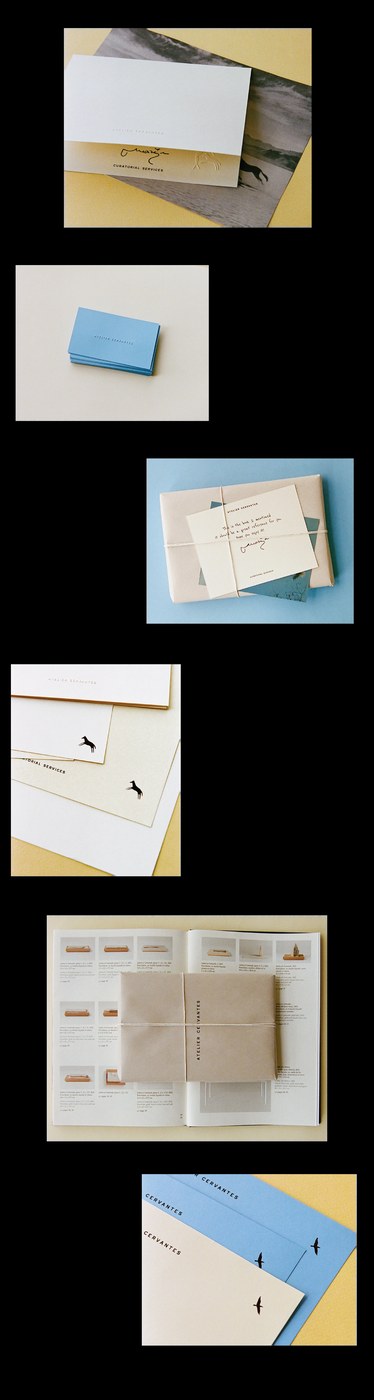 Curatorial stationery cards, tied book parcel, running dog symbol, and open publication spread for Atelier Cervantes by SAVVY STUDIO