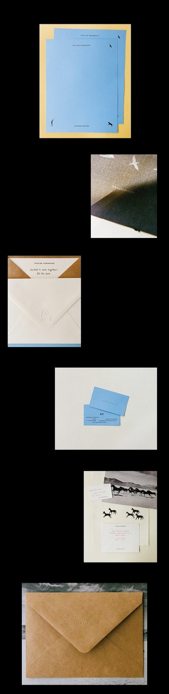 Letterhead stationery sheets with corner symbols, embossed envelope, and business cards for Atelier Cervantes by SAVVY STUDIO