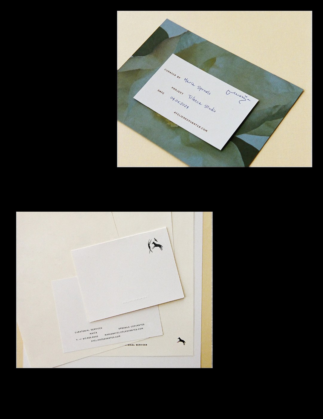 Handwritten project reference card on botanical print and curatorial business cards for Atelier Cervantes by SAVVY STUDIO