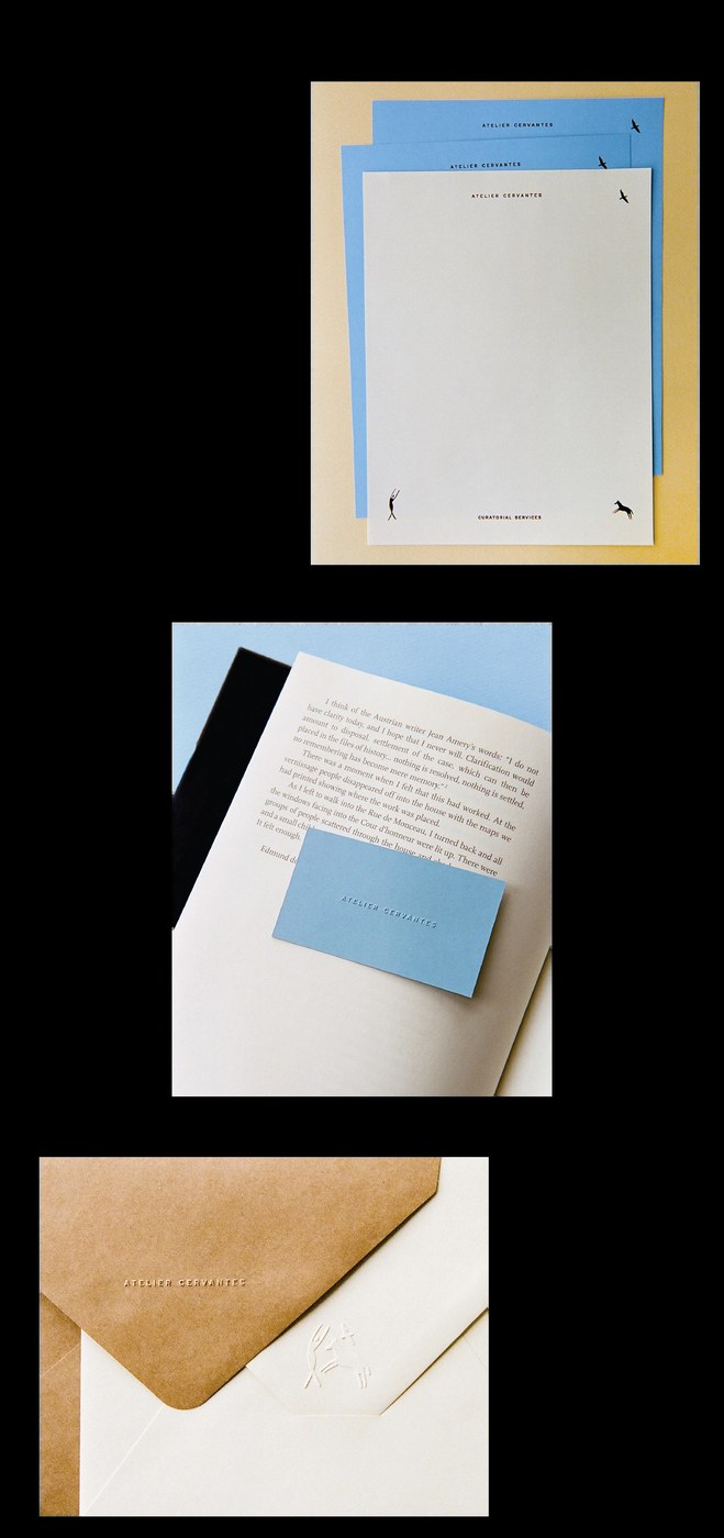 Editorial monograph book typography spread with debossed blue card and stationery sheets for Atelier Cervantes by SAVVY STUDIO