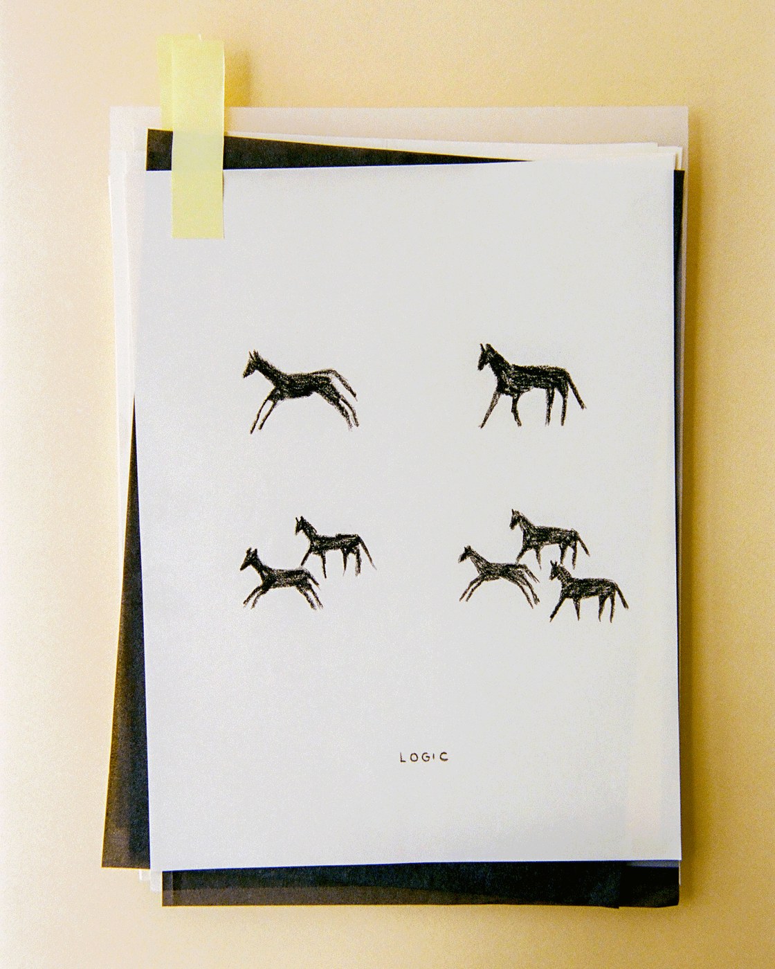 Logic, Sentiment, and Observation conceptual charcoal horse drawings on studio wall for Atelier Cervantes by SAVVY STUDIO