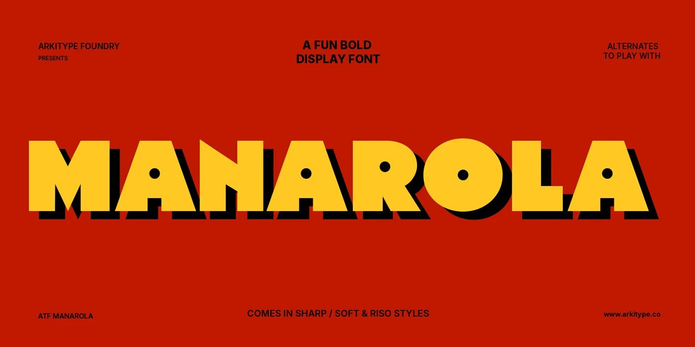 ATF Manarola font wordmark in oversized yellow letters with black extrusion shadow on deep red background, Arkitype Foundry presentation slide