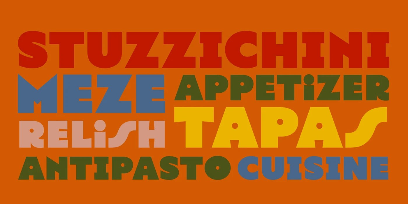 ATF Manarola font specimen setting food vocabulary words in multi-color display type on burnt orange background