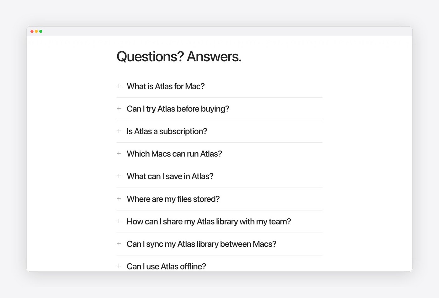 Atlas for Mac typographic accordion showing minimal product information architecture