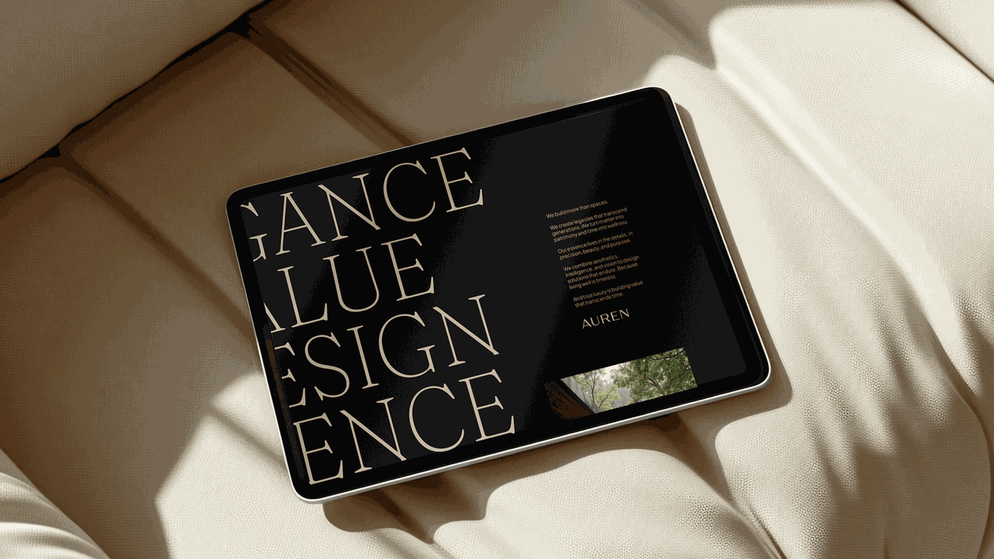 Branding design digital tablet editorial layout on textured fabric for Auren