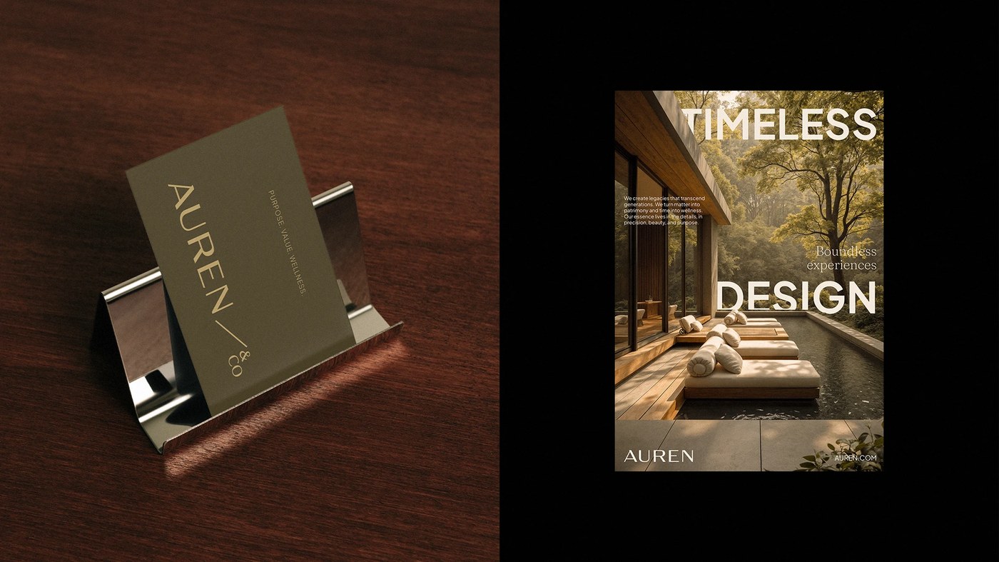 Branding design tactile olive business card on chrome holder and magazine cover for Auren