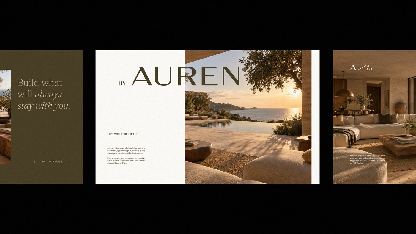 Branding design editorial spreads and seaside villa architecture for Auren