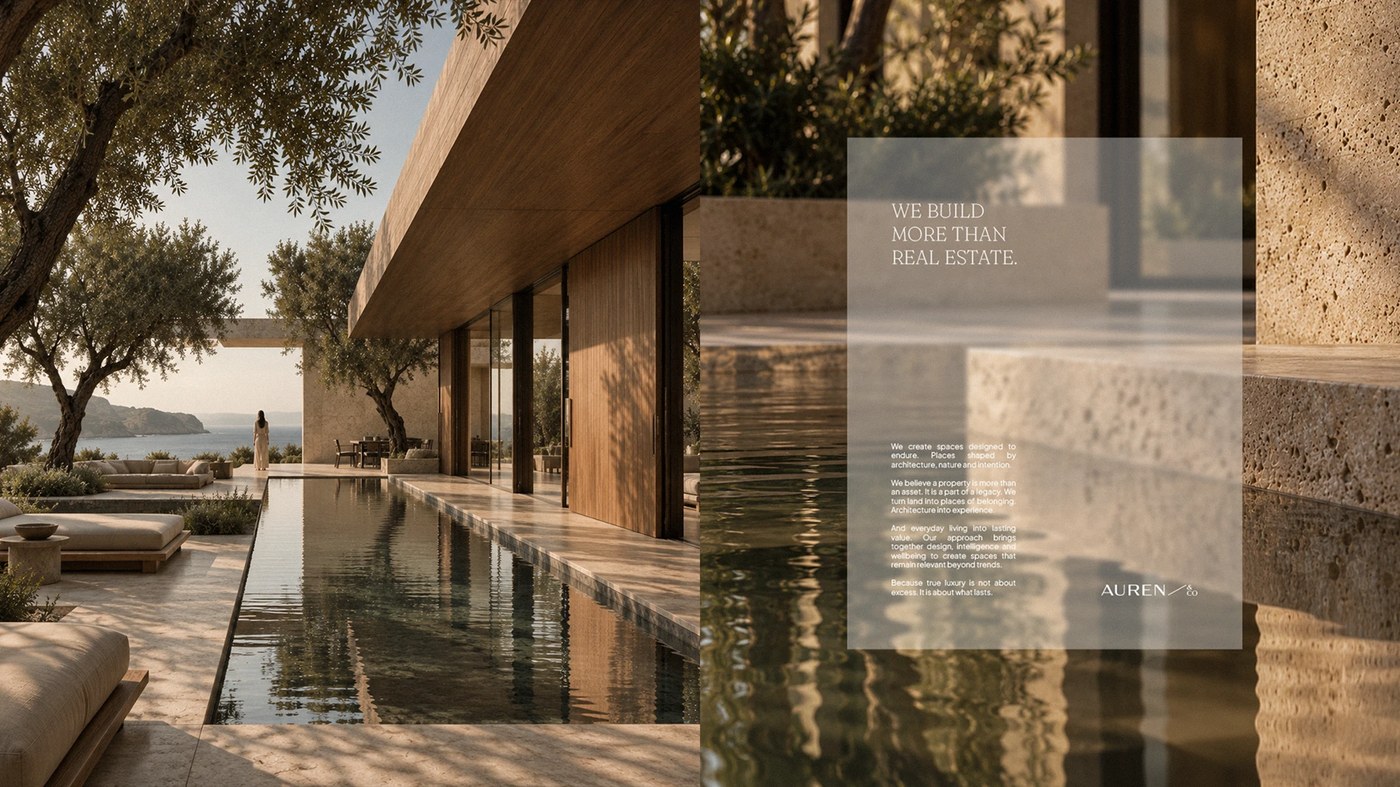 Branding design architectural spread with travertine reflecting pool for Auren