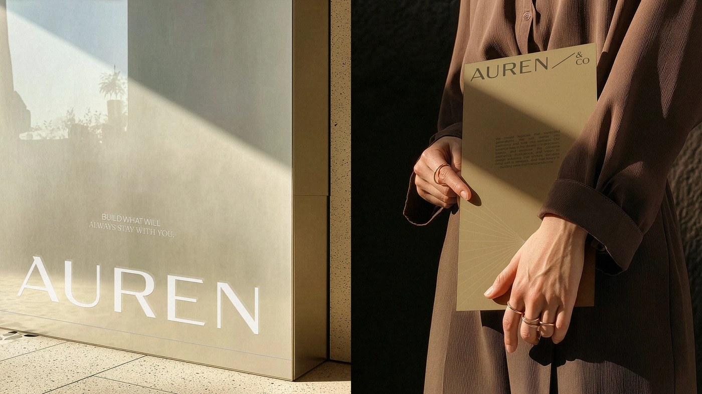 Branding design entrance lightbox signage and printed presentation folder for Auren