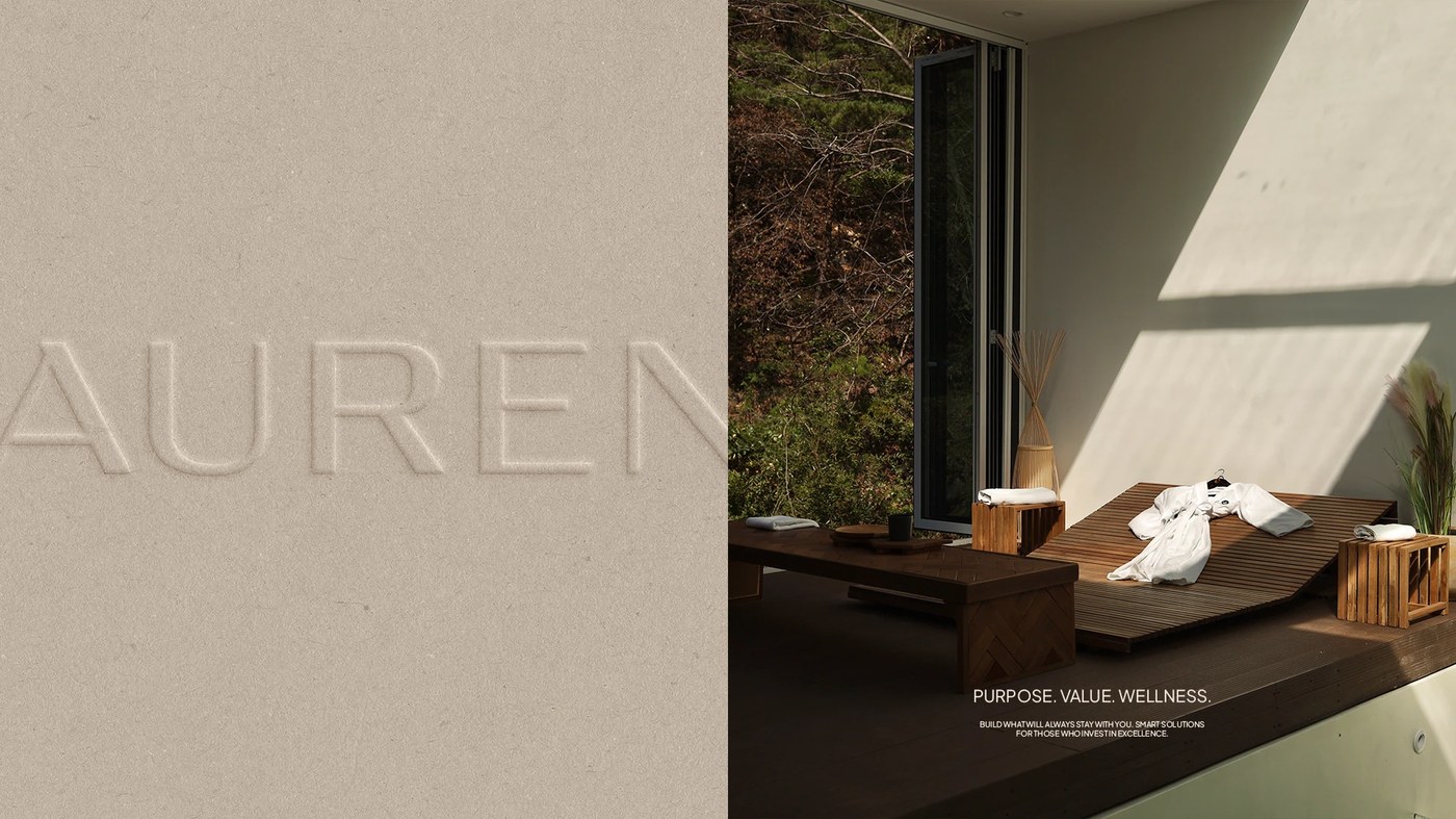 Branding design debossed limestone wall typography and wellness lounge deck for Auren