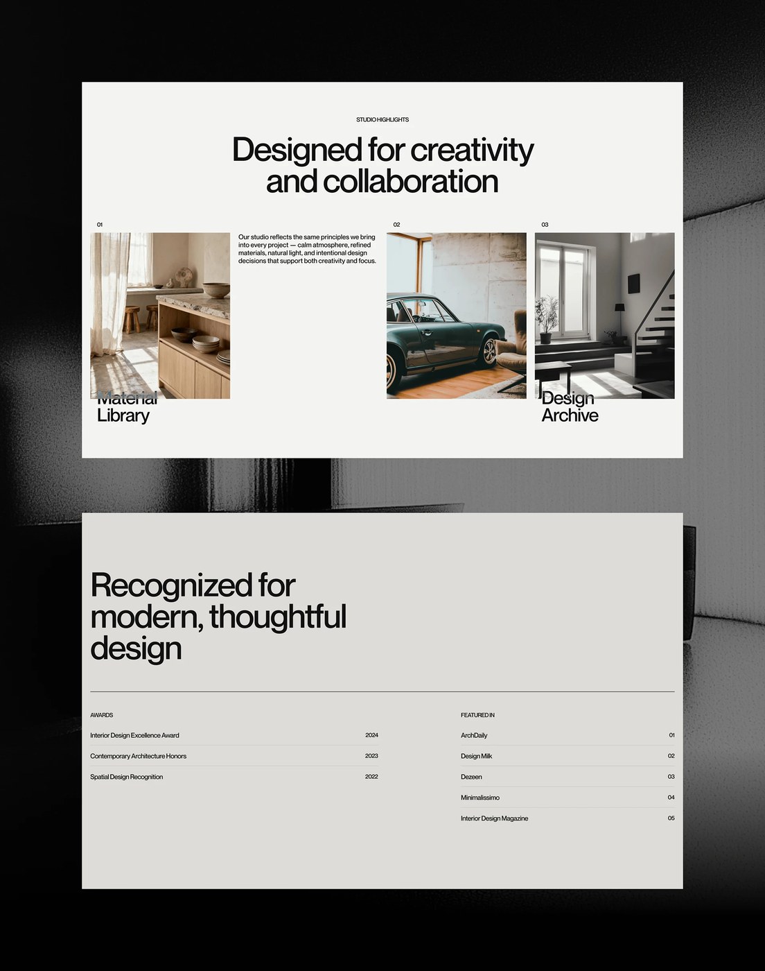 Auren studio highlights interface cards and awards index in ui ux design