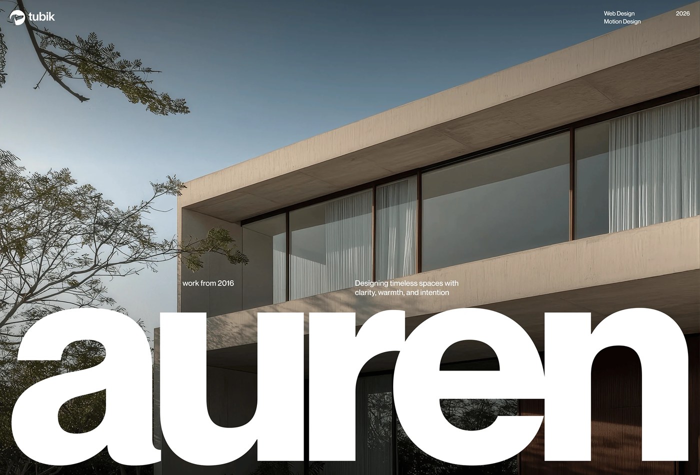 Modernist architectural exterior and bold header in ui ux design for Auren