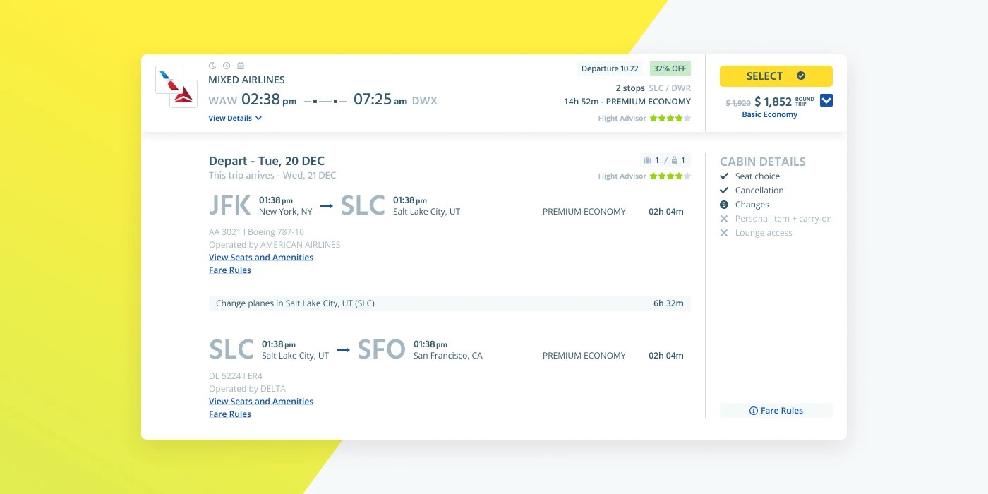 Flight search filter and comparative results grid — ui ux design by Roman Yashchenko