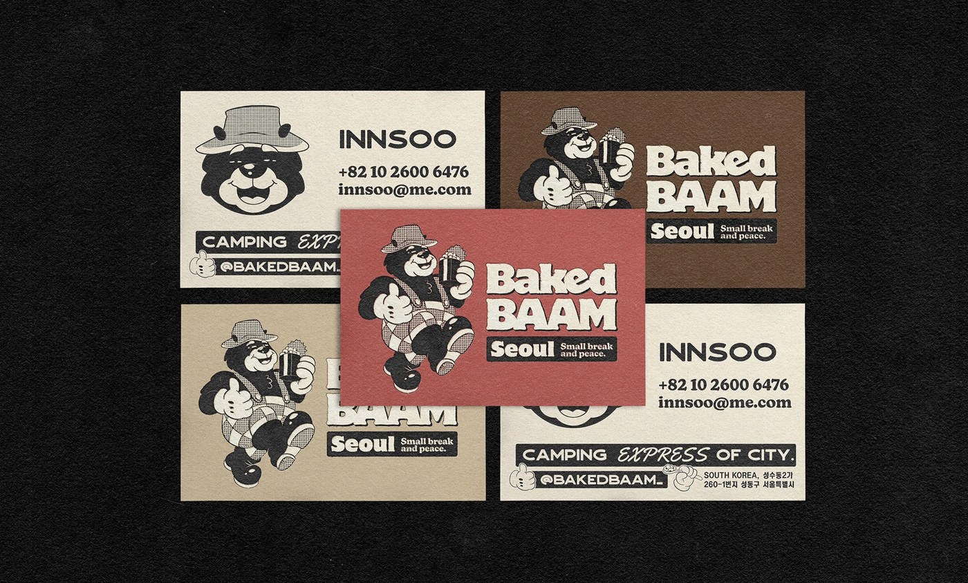 Póster gráfico de Baking Baam que muestra una alineación tipográfica limpia e información sobre acampadas: diseño de embalaje de panadería de Monga Design