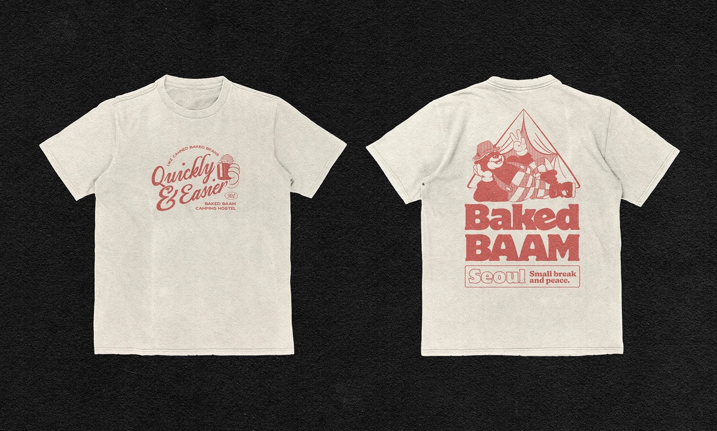 Camiseta gráfica negra con personajes de Baked Baam y mensajes de marca: empaque de panadería de Monga Design