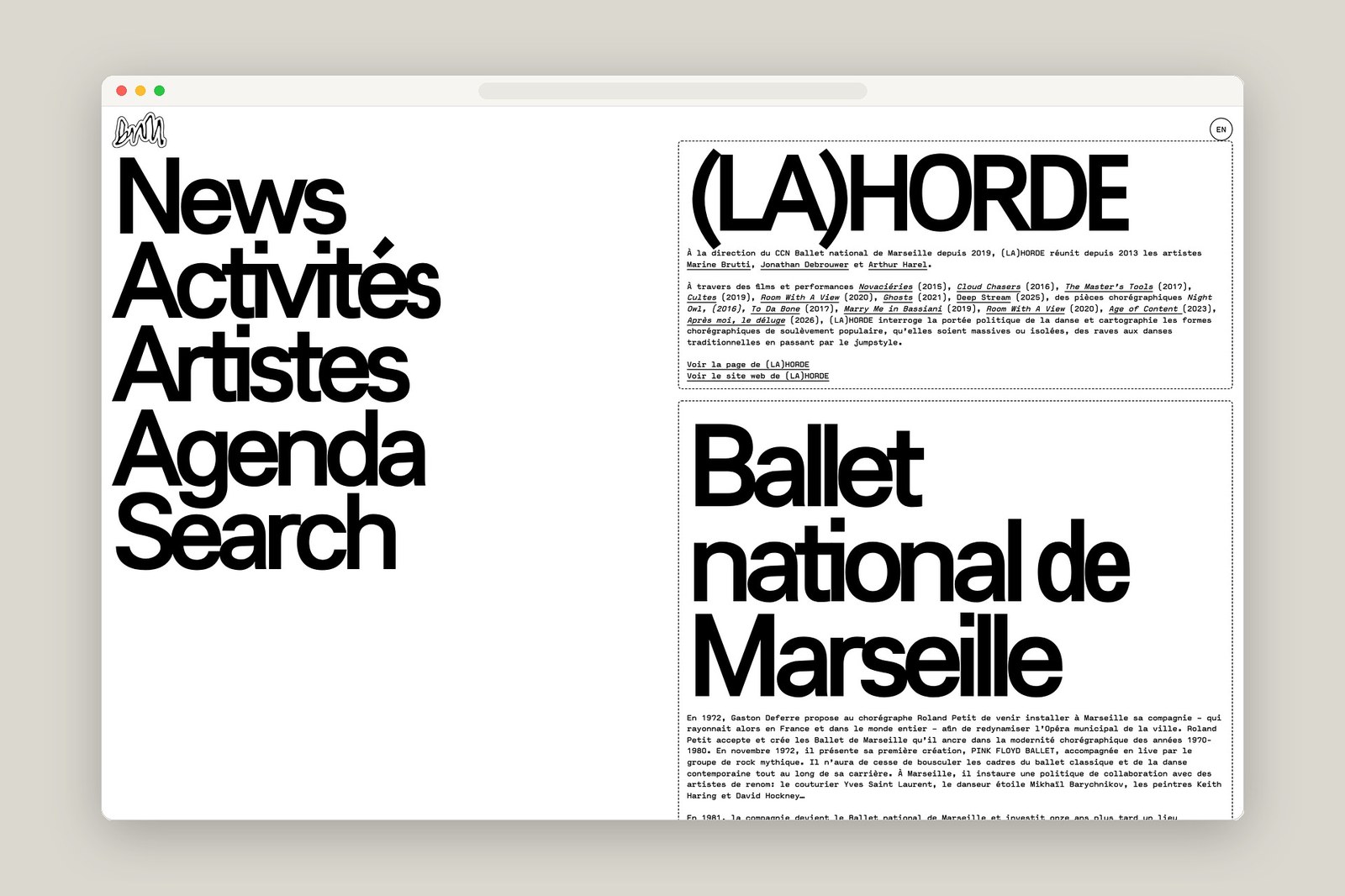Ballet National de Marseille homepage hero viewport screenshot — web design by Hover States