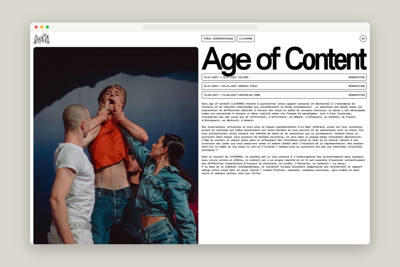 Ballet National de Marseille editorial content and navigation layout screenshot — web design by Hover States