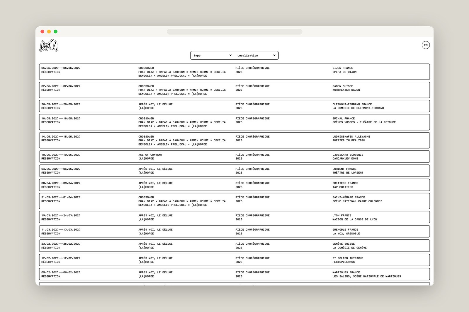 Ballet National de Marseille website viewport screenshot 7 — web design by Hover States