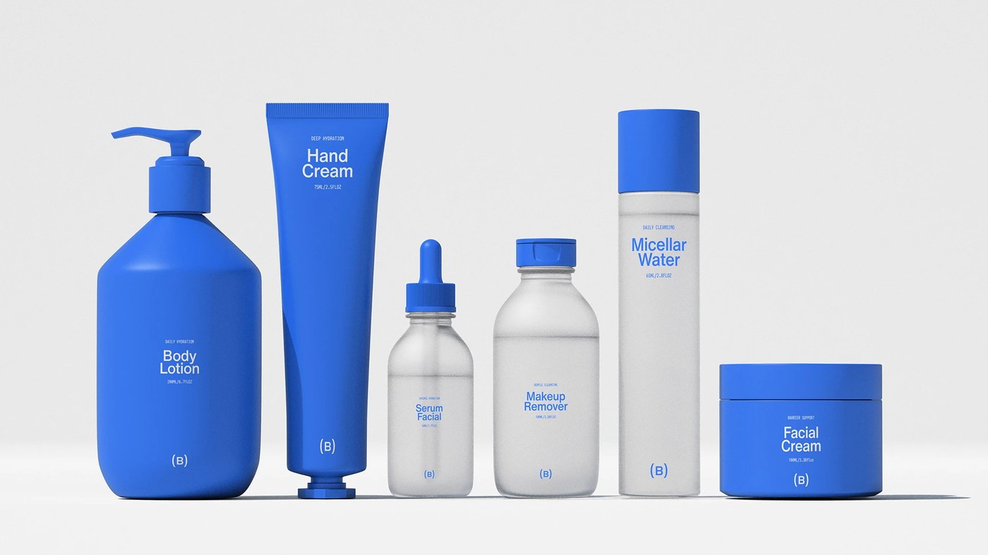 Bellecare brand identity skincare container lineup featuring pump bottle, serum dropper, and cream jar