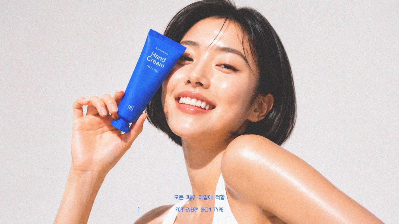 Bellecare Korean skincare editorial campaign photography featuring model and blue hand cream tube