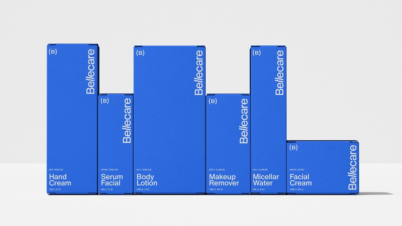 Bellecare cobalt blue retail packaging boxes standing in structured architectural formation