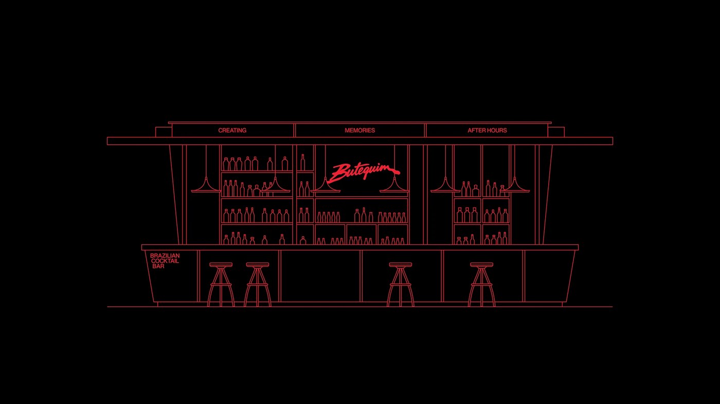 Red architectural wireframe elevation of bar counter and shelving in brand identity by Estúdio Lippi