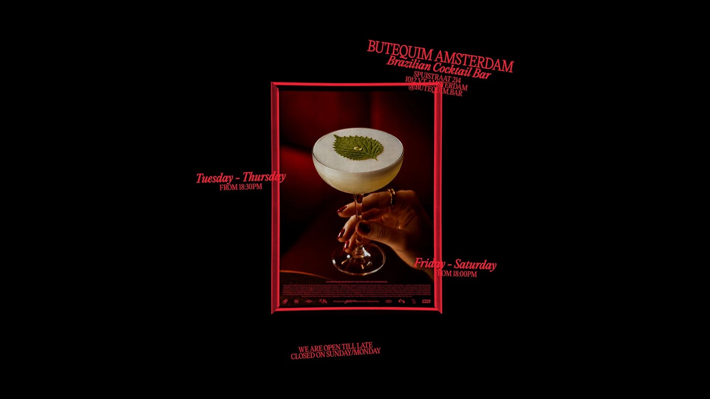 Red framed editorial poster with jambu cocktail and venue operating hours in brand identity by Estúdio Lippi