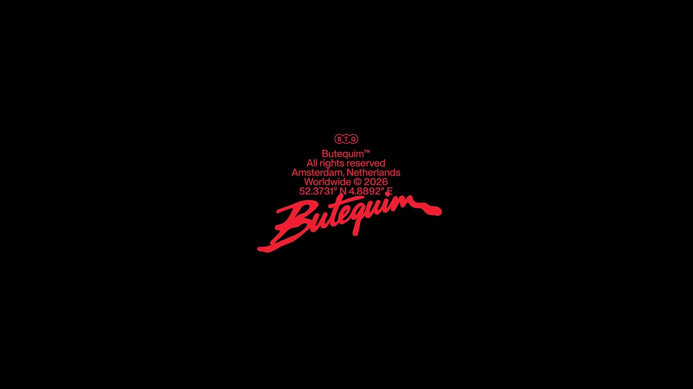 Minimalist black layout with red geographic coordinates and hand-drawn script logotype in brand identity by Estúdio Lippi