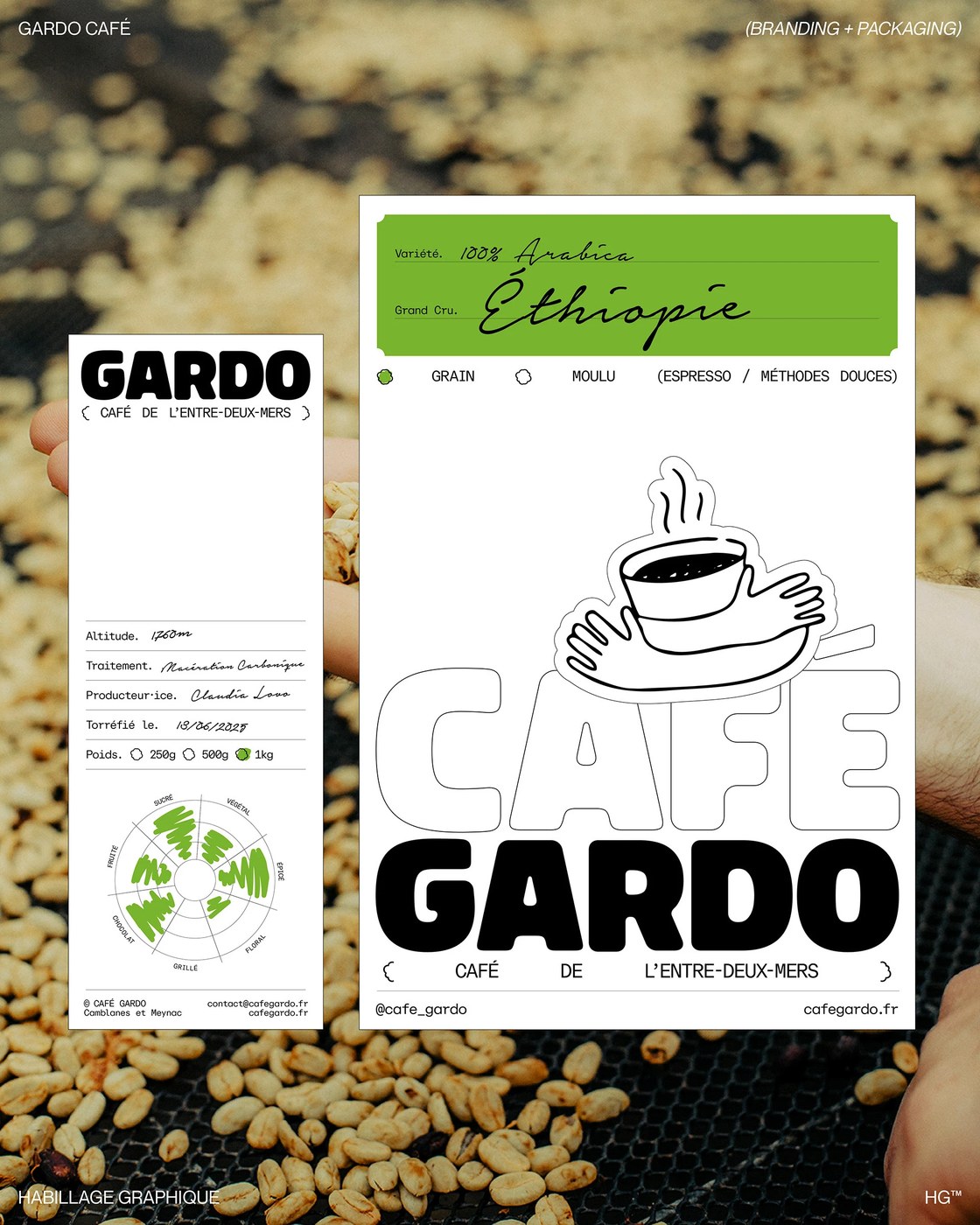 Café Gardo master brand design system overview, packaging label cards, logo and typography pairing by Florian Cornut