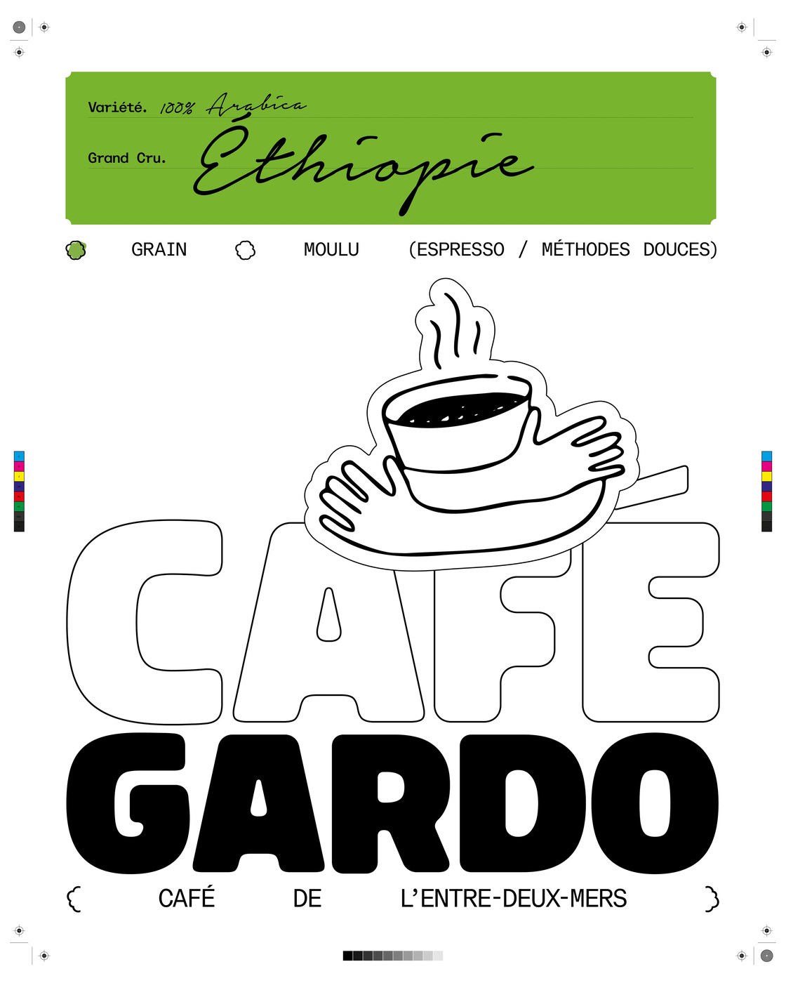 Café Gardo Éthiopie label layout and print registration marks in packaging design by Florian Cornut