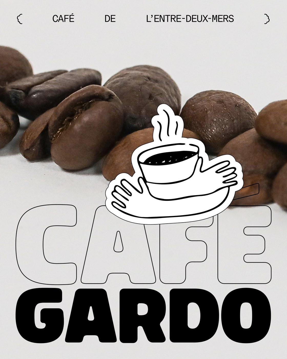 Roasted coffee beans with cupped hands mascot sticker in Café Gardo packaging design