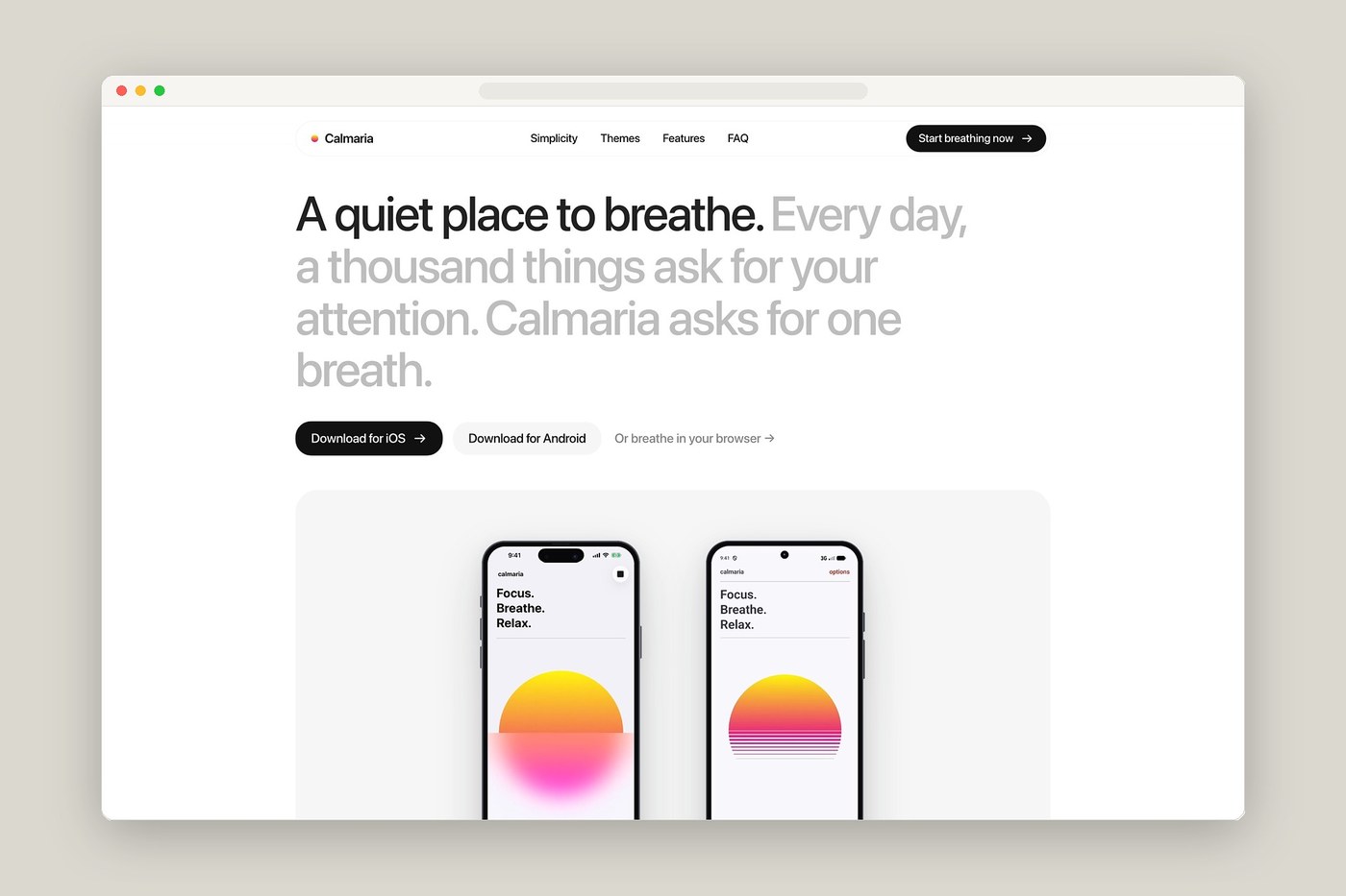 Calmaria website redesign hero viewport showing iPhone 16 Pro and Google Pixel 9 Pro side by side — web design by abdz.do