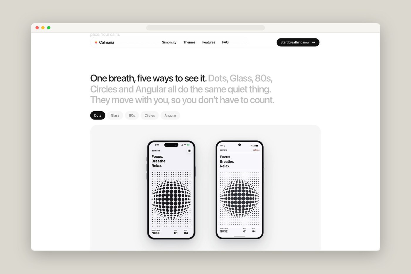 Calmaria interactive theme switcher showing Dots sphere animation on iOS and Android — web design by abdz.do