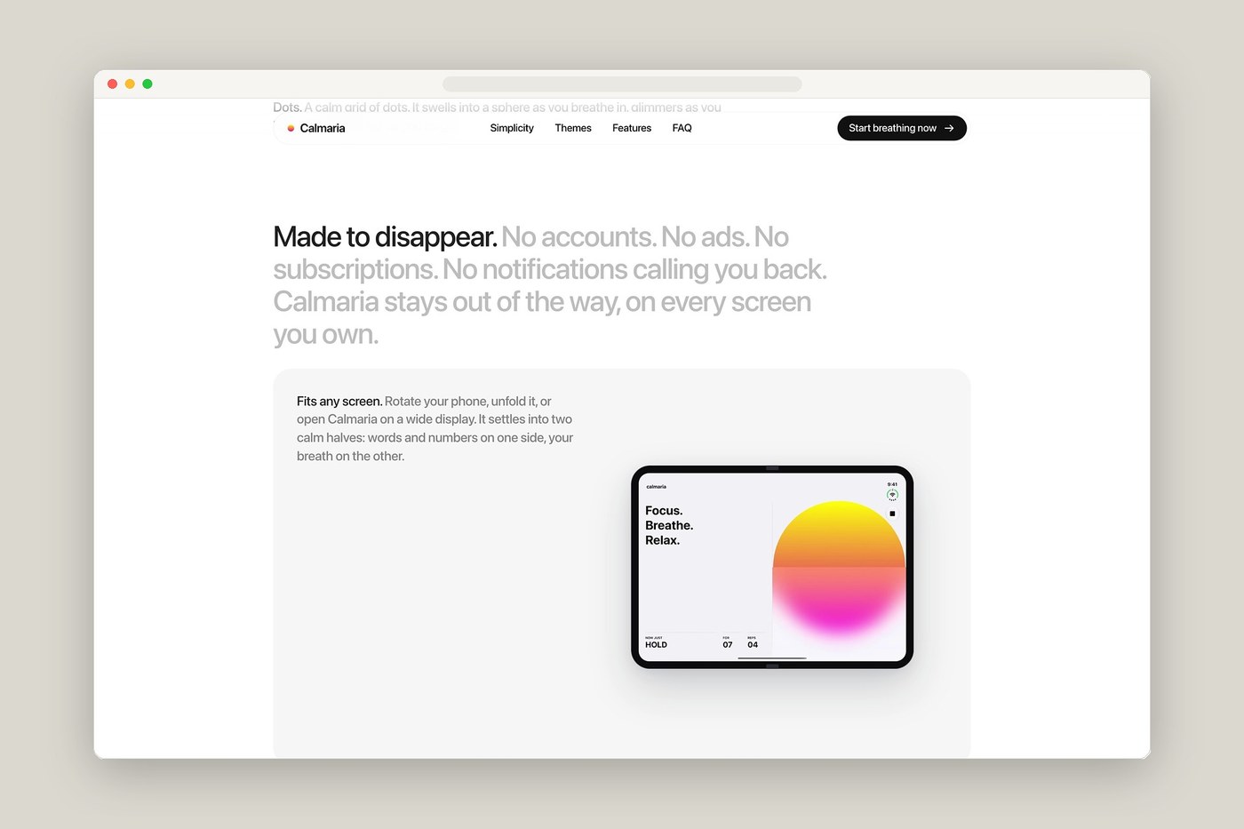 Calmaria responsive split-screen layout for iPhone Duo and Android Foldables — web design by abdz.do