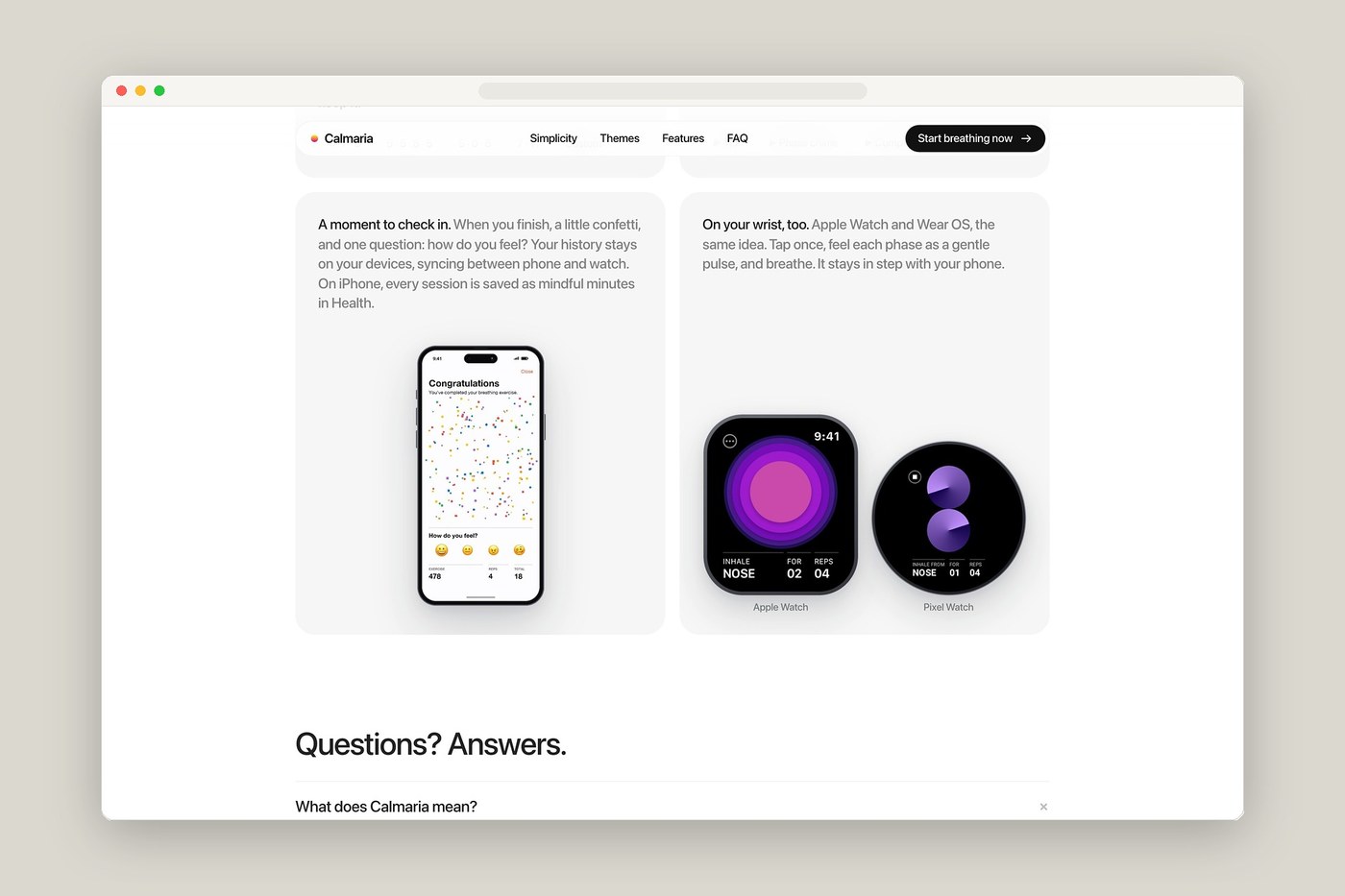 Calmaria full parity on Apple Watch Series 10, Google Pixel Watch 3, and mood check-in — web design by abdz.do