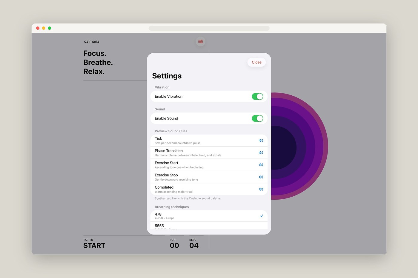 Calmaria web app settings modal with custom breathing presets and synthesized sound cues — web design by abdz.do