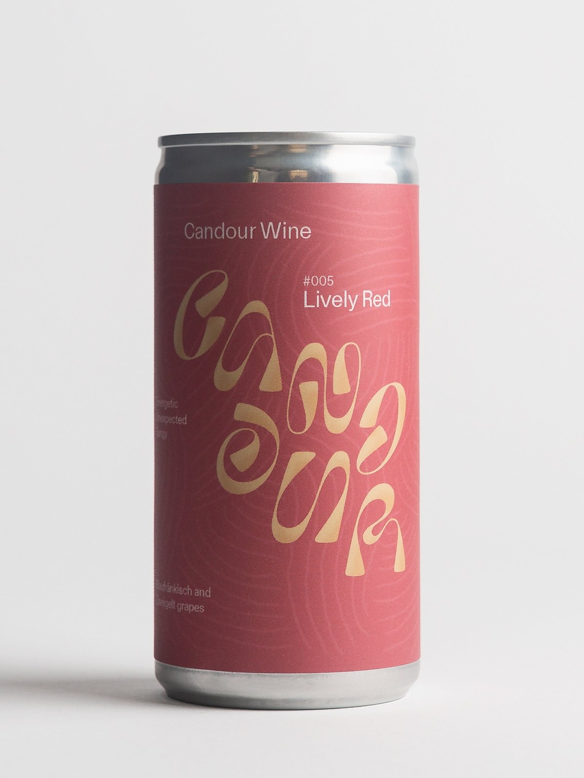 Candour Wine #005 Lively Red can packaging design with warm gold variable wordmark by Bedow