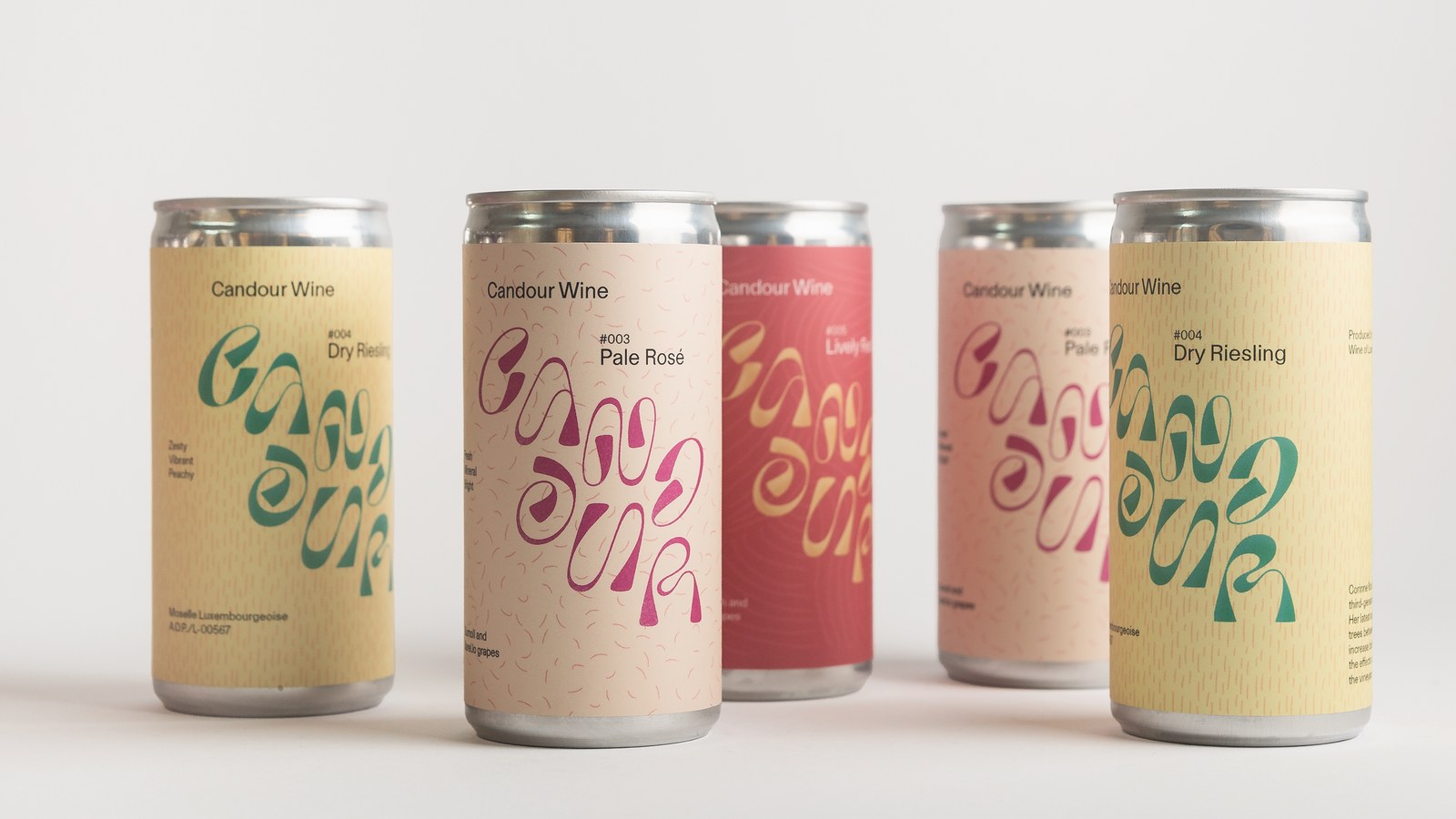 Candour Wine packaging design lineup showing #004 Dry Riesling, #003 Pale Rosé, and #005 Lively Red cans by Bedow