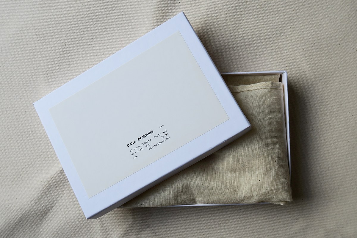 Casa Bosques gift box packaging design with custom label and cotton canvas pouch by SAVVY STUDIO