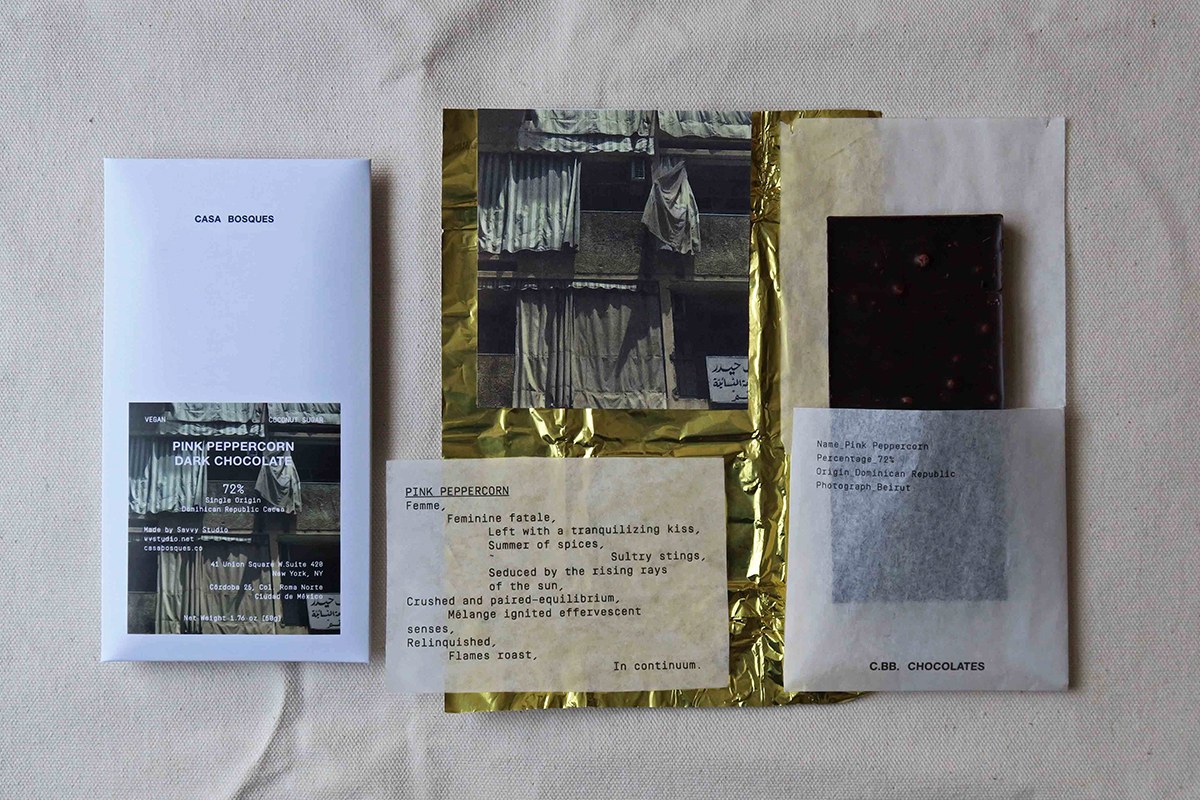 Pink Peppercorn chocolate packaging design with Beirut travel photography and gold foil wrapper by SAVVY STUDIO