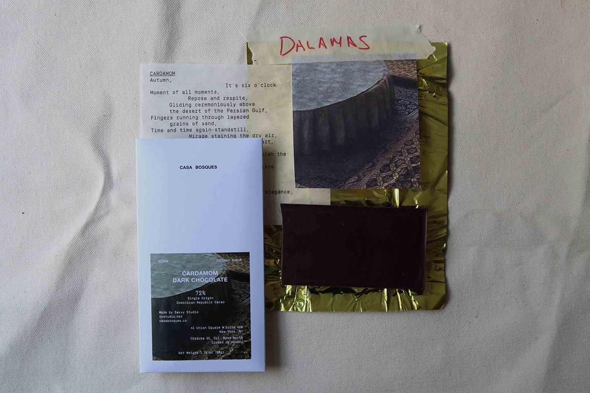 Cardamom dark chocolate packaging design with destination photography and handwritten tape notes by SAVVY STUDIO