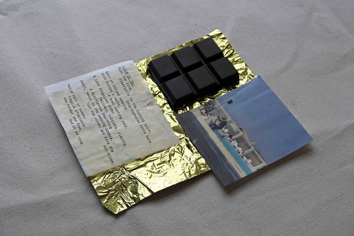 Fleur de Sel chocolate bar and poem sheet with pool travel photo packaging design by SAVVY STUDIO