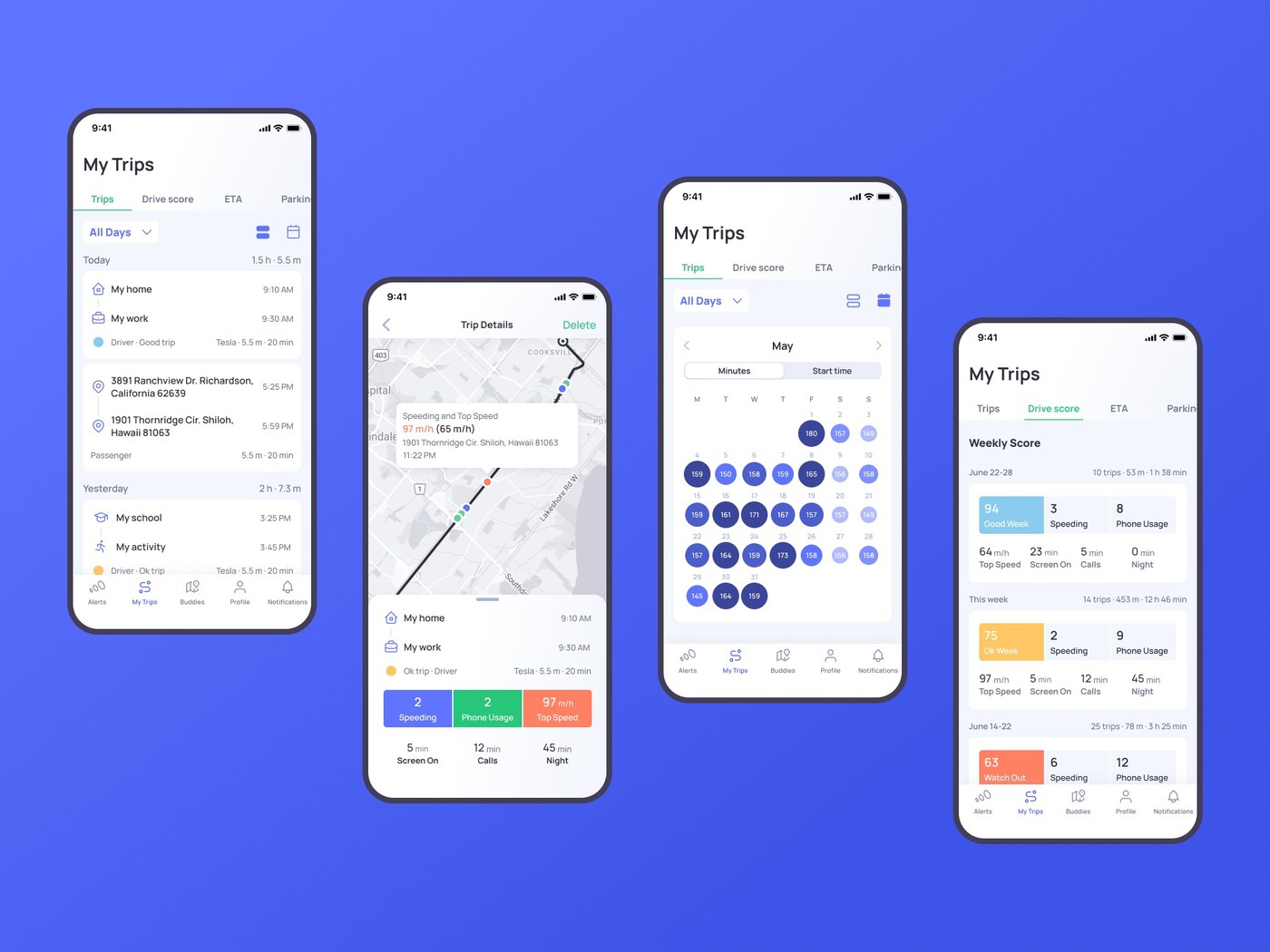 otozen Diseño de aplicación móvil UI UX Conducción segura Historial de viajes y pantalla de grabación
