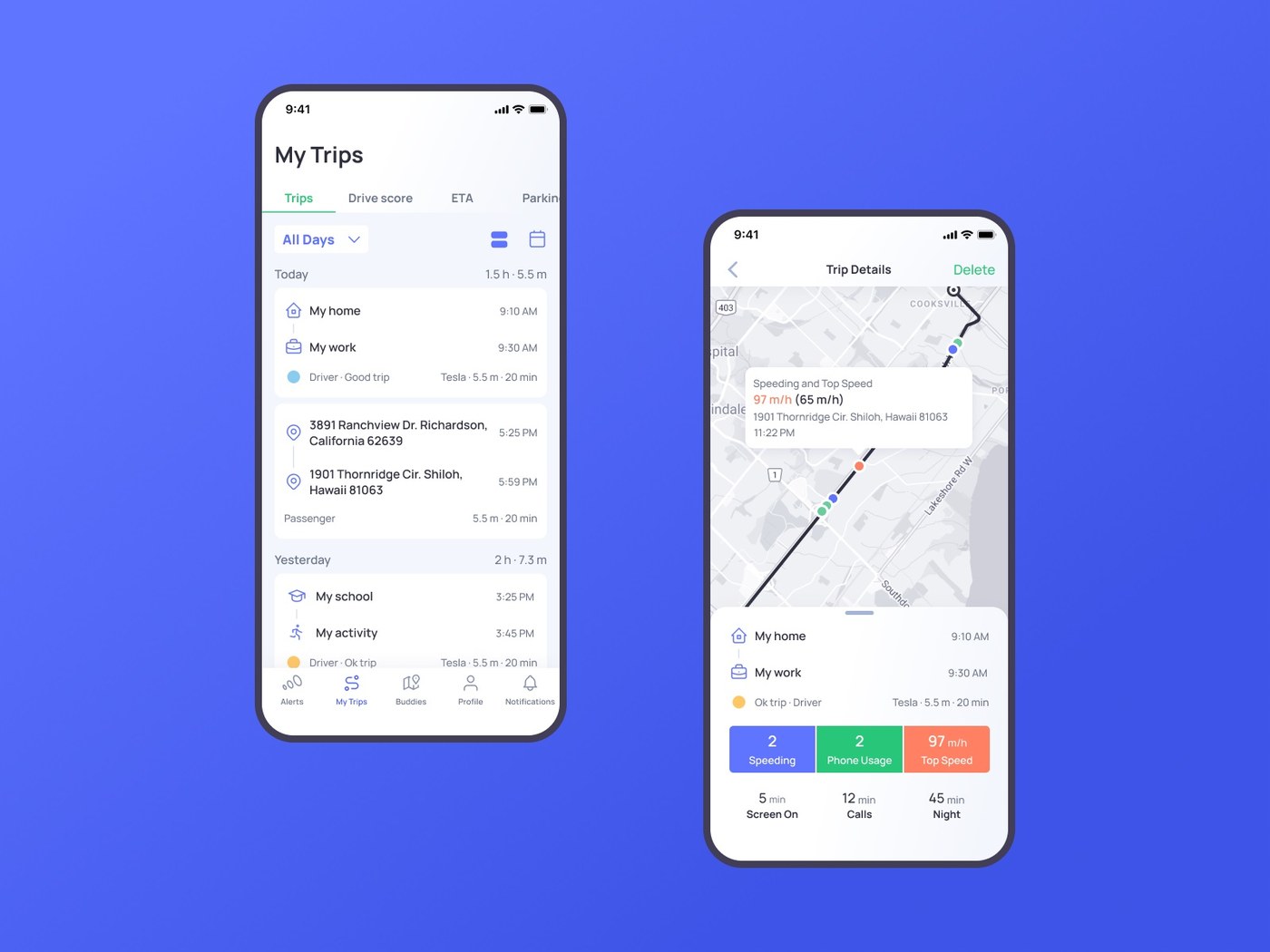 Diseño de aplicación móvil otozen UI UX Conducción segura Integración de mapas y pantalla de historial de rutas