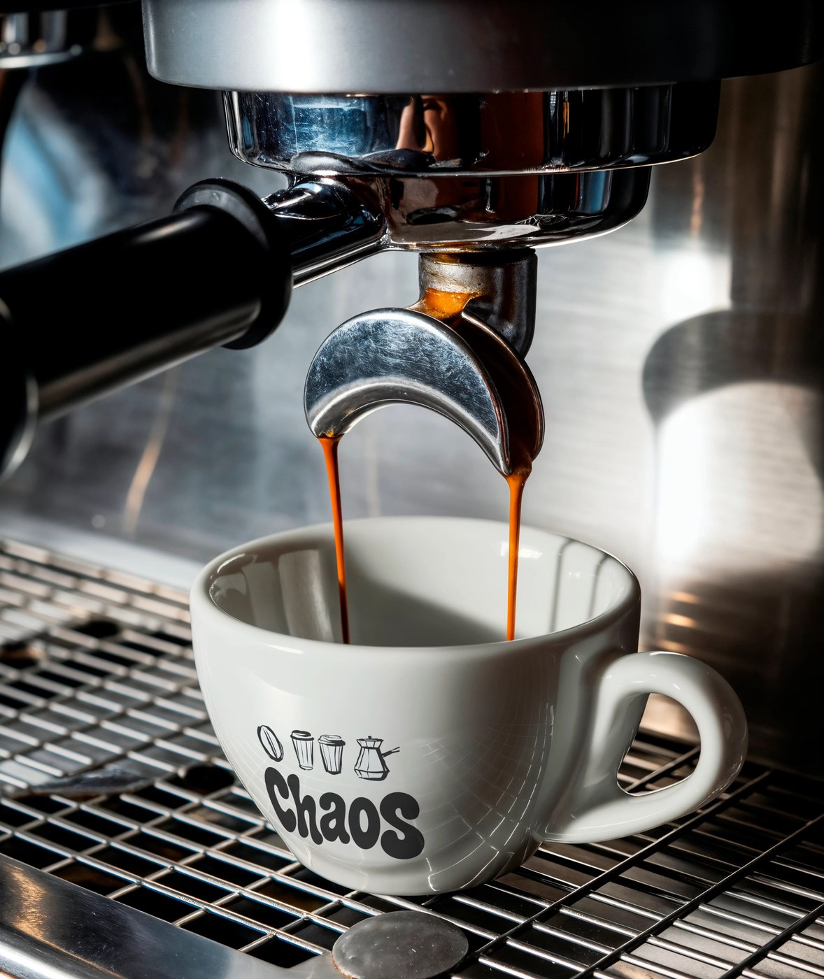 Macro shot of twin espresso streams pouring into white ceramic cup printed with the chubby Chaos wordmark and linocut icons